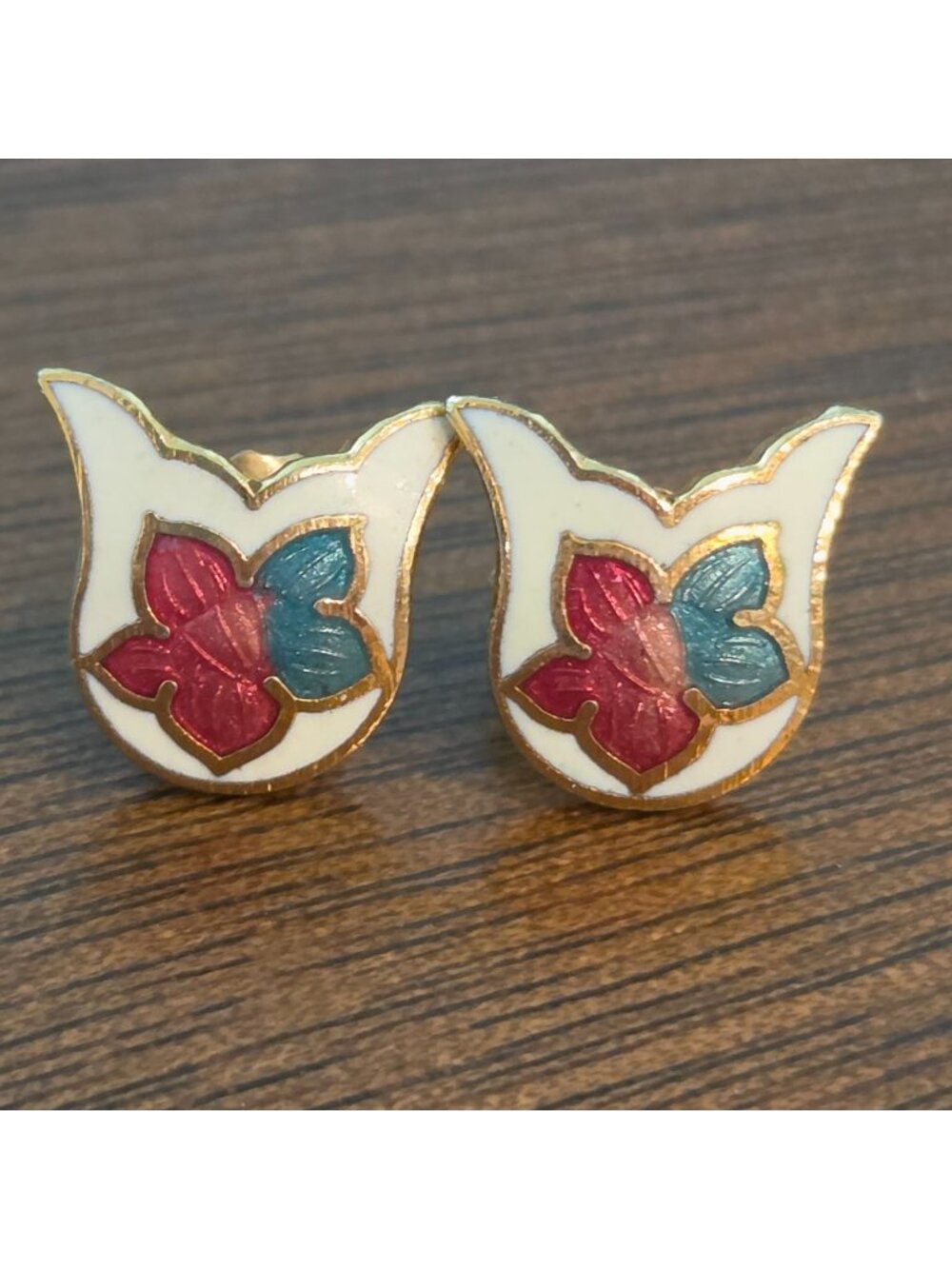 Vintage White & Pink Cloisonne Enamel Tulip Post Back Earrings